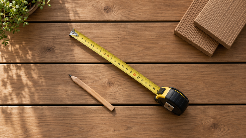 Vloerplanken met meetlint en timmermanspotlood