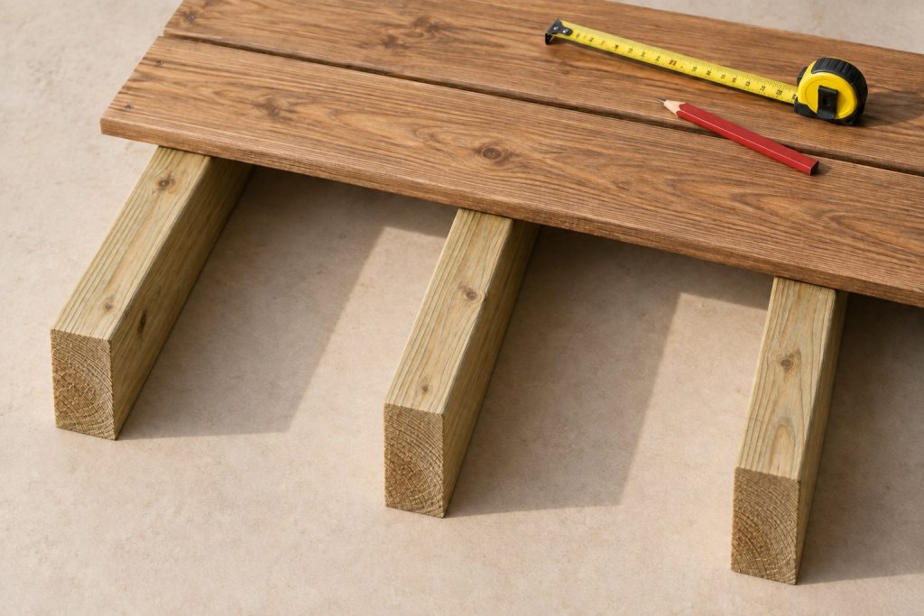 Houten balken voor terrasbouw
