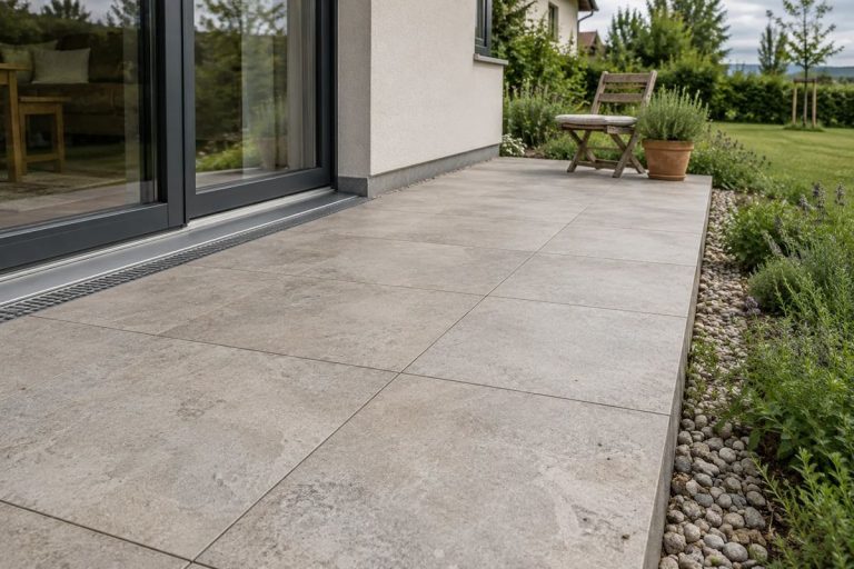 Laag terras met lichte tegels en een afvoergoot bij de terrasdeuren
