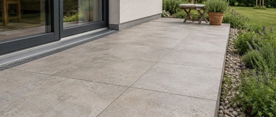 Laag terras met lichte tegels en een afvoergoot bij de terrasdeuren