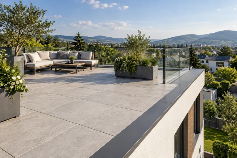 Dakterras met tegels, een zithoek en glazen balustrade