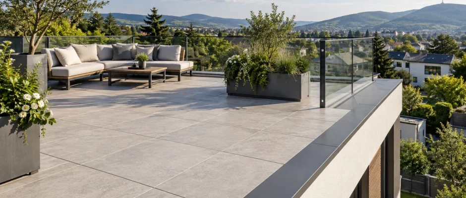 Dakterras met tegels, een zithoek en glazen balustrade